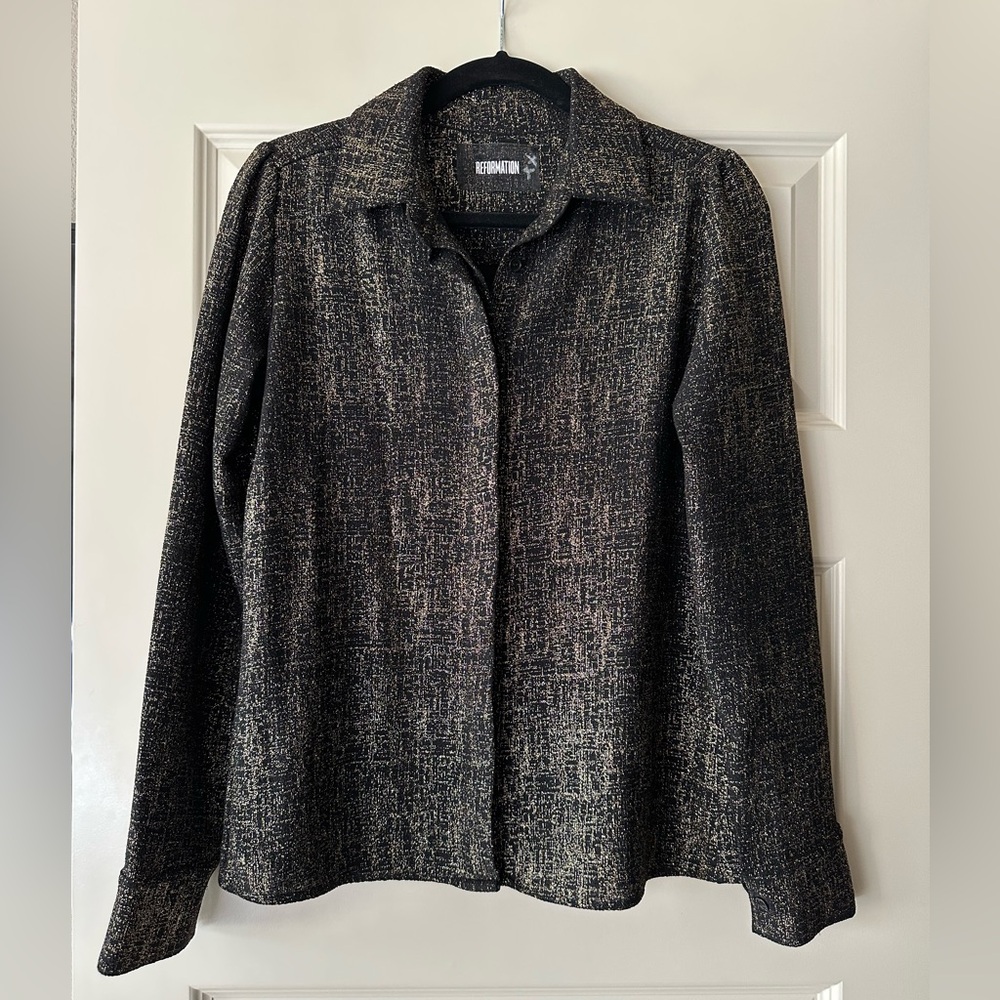 Reformation Black and Metallic Gold Button Down Top